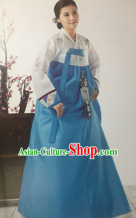 Traditional South Korean Handmade Hanbok Customization Mother Clothing Embroidery Blue Dress, Top Grade Korea Wedding Royal Hanbok Costume for Women