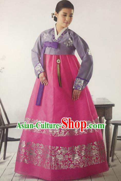 Traditional South Korean Handmade Hanbok Customization Mother Clothing Embroidery Purple Blouse Pink Dress, Top Grade Korea Wedding Royal Hanbok Costume for Women