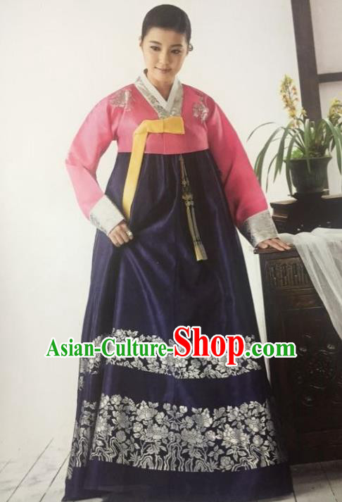 Traditional South Korean Handmade Hanbok Customization Mother Clothing Embroidery Blouse Royalblue Dress, Top Grade Korea Wedding Royal Hanbok Costume for Women
