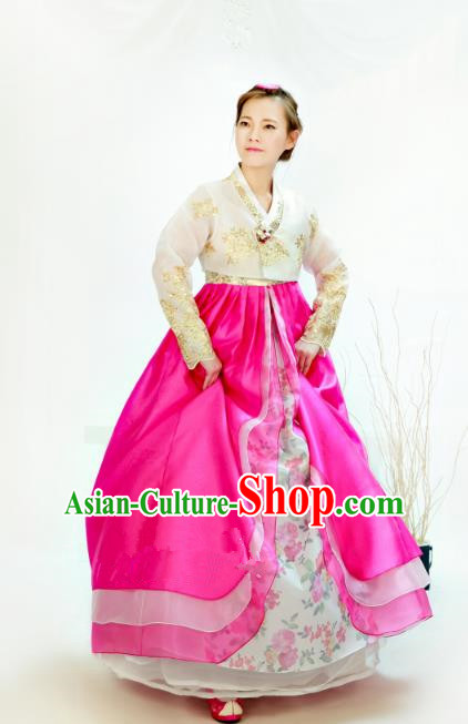 Traditional South Korean Handmade Hanbok Customization Bride Clothing Embroidery Blouse Rosy Dress, Top Grade Korea Wedding Royal Hanbok Costume for Women