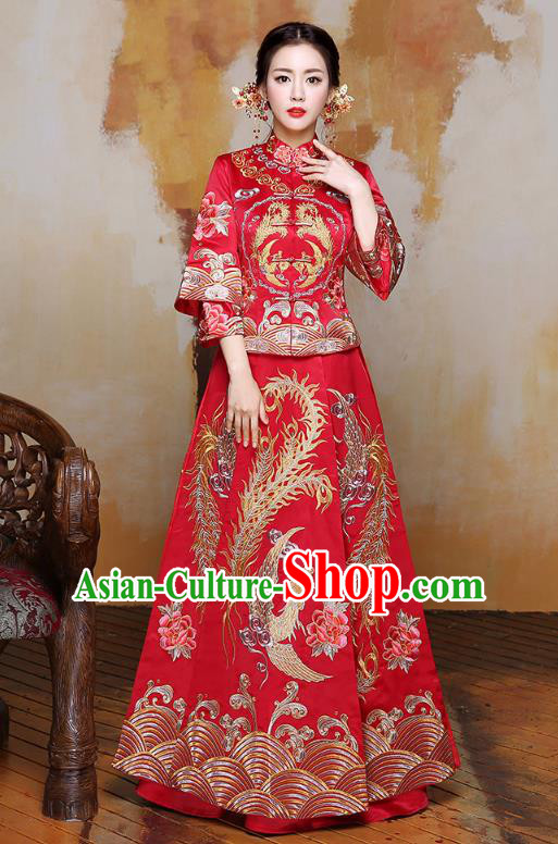 Traditional Ancient Chinese Wedding Costume Embroidery Xiuhe Suits, Chinese Style Wedding Dress Red Restoring Longfeng Dragon and Phoenix Flown Bride Toast Cheongsam for Women