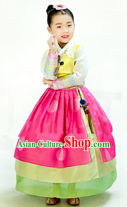 Traditional South Korean Handmade Hanbok Children Embroidery Birthday Rosy Dress, Top Grade Korea Hanbok Costume Complete Set for Kids