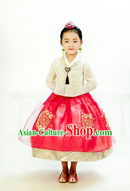 Traditional South Korean Handmade Hanbok Children Embroidery Birthday Red Dress, Top Grade Korea Hanbok Costume Complete Set for Kids