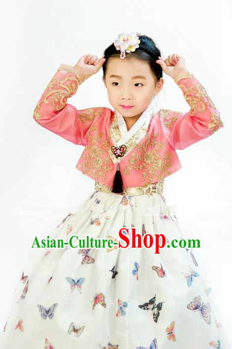 Traditional South Korean Handmade Hanbok Children Printing Butterfly Birthday Dress, Top Grade Korea Hanbok Costume Complete Set for Kids