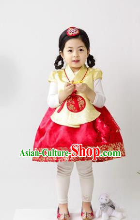 Traditional South Korean Handmade Hanbok Children Red Birthday Dress, Top Grade Korea Hanbok Costume Complete Set for Kids