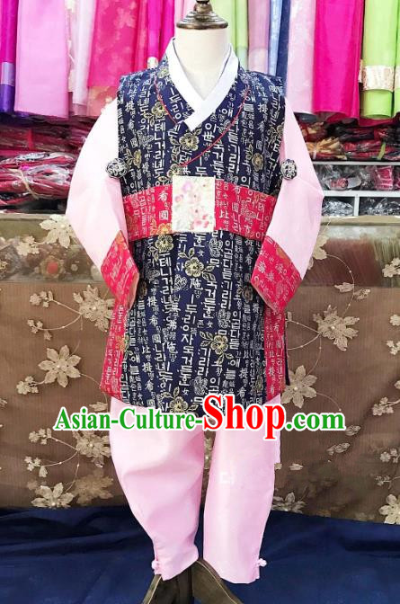Traditional South Korean Handmade Hanbok Children Navy Birthday Dress, Top Grade Korea Hanbok Costume Complete Set for Boys