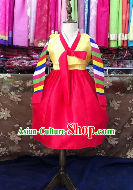 Traditional South Korean Handmade Hanbok Children Birthday Red Dress, Top Grade Korea Hanbok Costume Complete Set for Girls
