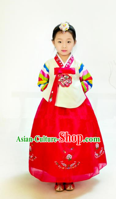 Traditional South Korean Handmade Hanbok Children Birthday Embroidery Beige Blouse Dress, Top Grade Korea Hanbok Costume Complete Set for Girls