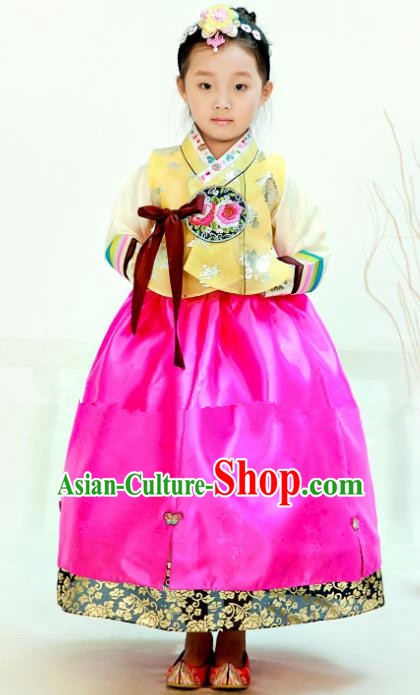 Traditional South Korean Handmade Hanbok Children Birthday Embroidery Beige Blouse Pink Dress, Top Grade Korea Hanbok Costume Complete Set for Girls