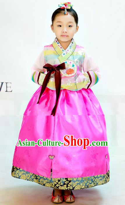 Traditional South Korean Handmade Hanbok Children Birthday Beige Blouse Rosy Dress, Top Grade Korea Hanbok Costume Complete Set for Girls
