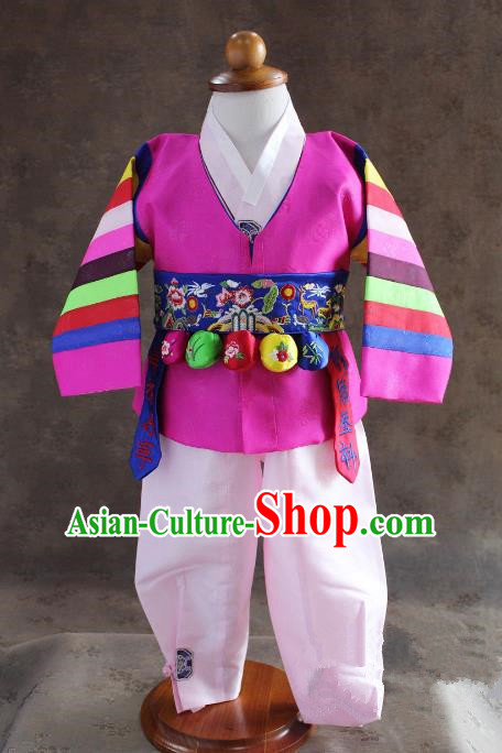 Traditional South Korean Handmade Hanbok Children Baby Birthday Customization Rosy Clothing and Embroidery Belt, Top Grade Korea Hanbok Costume Complete Set for Boys