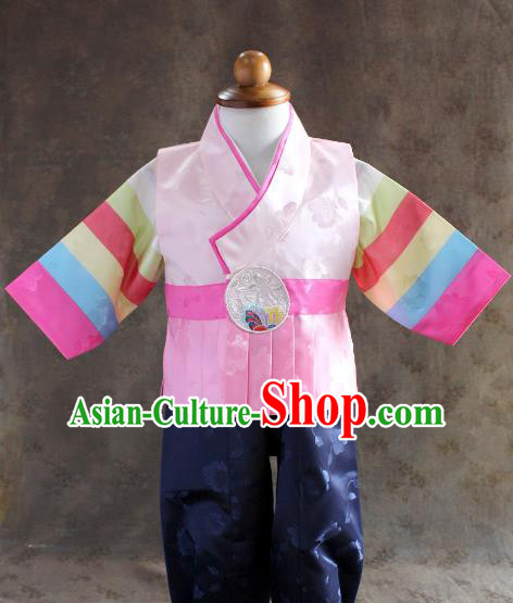 Traditional South Korean Handmade Hanbok Children Little Boys Birthday Customization Pink Clothing, Top Grade Korea Hanbok Costume Complete Set for Kids