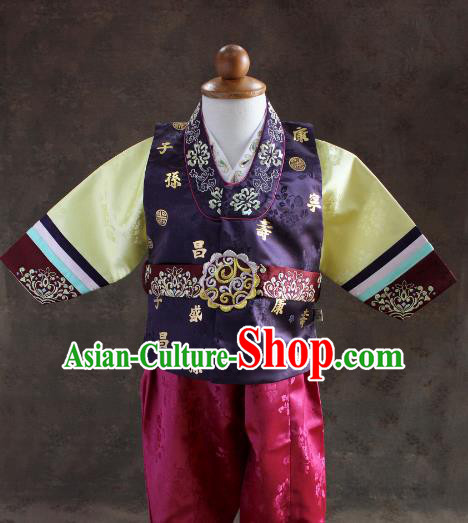 Traditional South Korean Handmade Hanbok Children Little Boys Birthday Customization Purple Shirt and Pants, Top Grade Korea Hanbok Costume Complete Set for Kids
