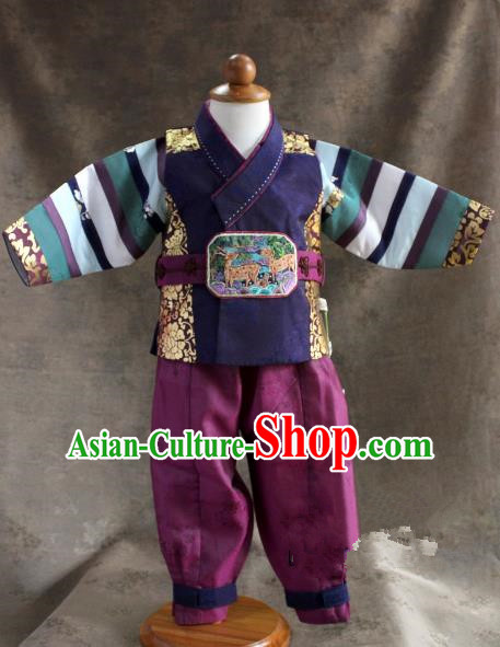 Traditional South Korean Handmade Hanbok Children Little Boys Birthday Customization Embroidery Belt Shirt and Pants, Top Grade Korea Hanbok Costume Complete Set for Kids