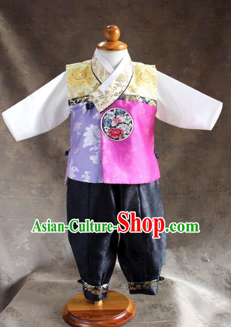 Traditional South Korean Handmade Hanbok Children Little Boys Birthday Customization Embroidery Vest Shirt and Pants, Top Grade Korea Hanbok Costume Complete Set for Kids