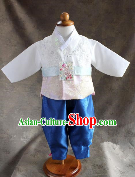 Traditional South Korean Handmade Hanbok Children Little Boys Birthday Customization Embroidery White Vest Shirt and Pants, Top Grade Korea Hanbok Costume Complete Set for Kids