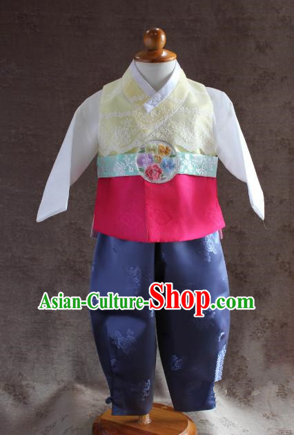Traditional South Korean Handmade Hanbok Children Little Boys Birthday Customization Embroidery Belt Clothing Complete Set, Top Grade Korea Hanbok Costume for Kids