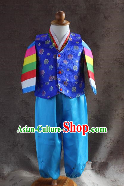Traditional South Korean Handmade Hanbok Children Little Boys Birthday Customization Embroidery Clothing Blue Vest Complete Set, Top Grade Korea Hanbok Costume for Kids