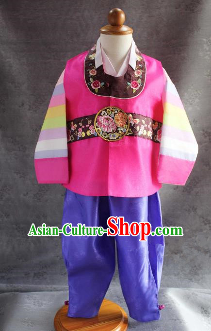 Traditional South Korean Handmade Hanbok Children Baby Birthday Rosy Clothing, Top Grade Korea Hanbok Costume Complete Set for Boys