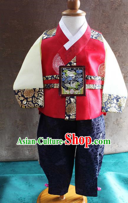 Traditional South Korean Handmade Hanbok Children Little Boys Birthday Customization Embroidery Clothing Red Vest Complete Set, Top Grade Korea Hanbok Costume for Kids