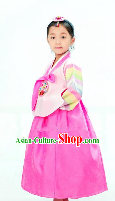 Traditional South Korean Handmade Hanbok Children Little Girls Birthday Customization Embroidery Pink Blouse and Dress Complete Set, Top Grade Korea Hanbok Costume for Kids