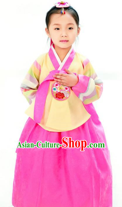 Traditional South Korean Handmade Hanbok Children Little Girls Birthday Customization Embroidery Yellow Blouse and Dress Complete Set, Top Grade Korea Hanbok Costume for Kids