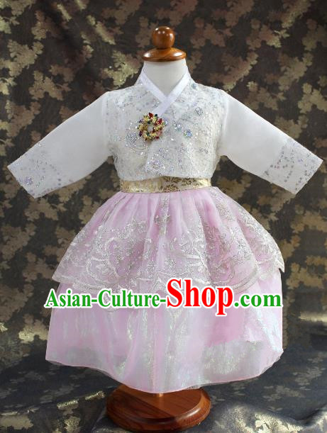 Traditional South Korean Handmade Hanbok Children Little Princess Birthday Customization Embroidery Pink Dress Complete Set, Top Grade Korea Royal Hanbok Costume for Kids