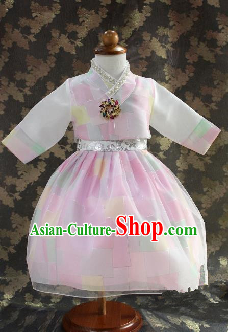 Traditional South Korean Handmade Hanbok Children Little Princess Birthday Customization Pink Dress Complete Set, Top Grade Korea Royal Hanbok Costume for Kids