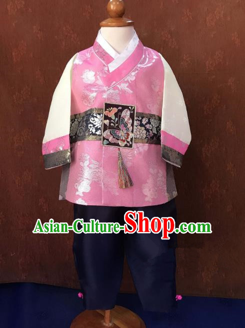 Traditional South Korean Handmade Hanbok Children Baby Birthday Customization Pink Clothing, Top Grade Korea Hanbok Costume Complete Set for Boys