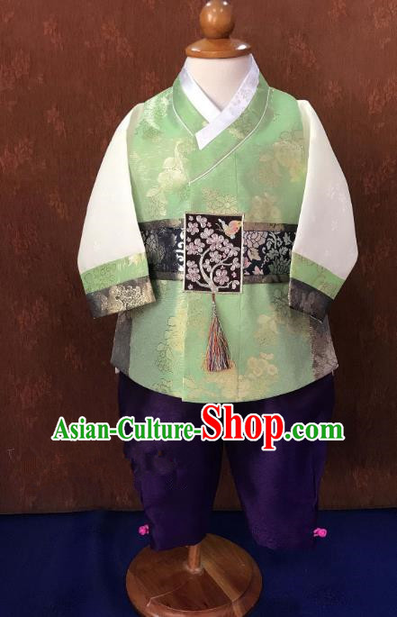 Traditional South Korean Handmade Hanbok Children Baby Birthday Customization Green Clothing, Top Grade Korea Hanbok Costume Complete Set for Boys