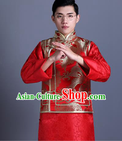 Ancient Chinese Costume Chinese Style Wedding Dress Ancient Embroidery Dragon Vest, Groom Toast Clothing Mandarin Jacket For Men