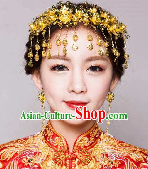 Traditional Handmade Chinese Ancient Classical Hair Accessories Bride Wedding Tassel Golden Phoenix Coronet, Xiuhe Suit Hair Jewellery Hair Fascinators Hairpins for Women