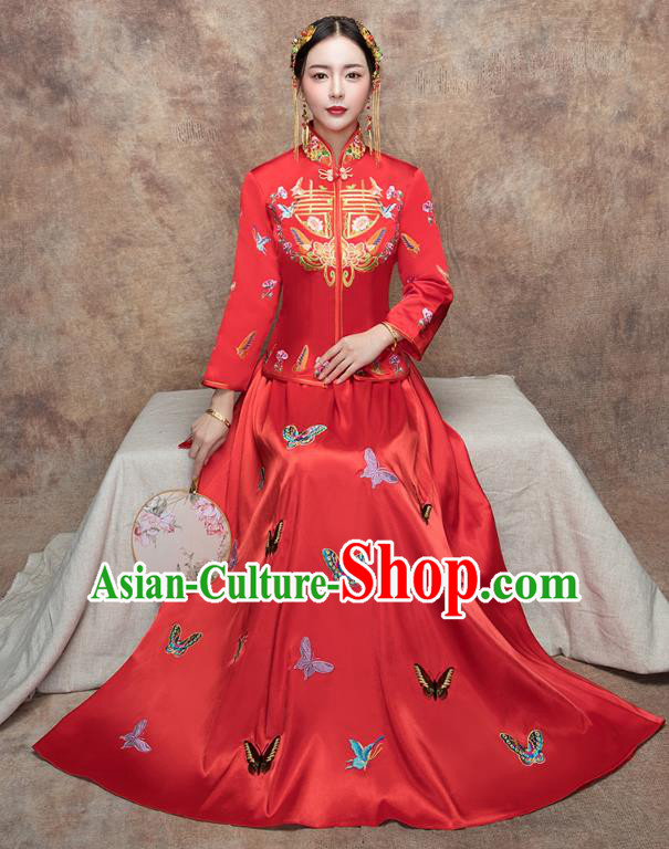 Traditional Ancient Chinese Wedding Costume Handmade XiuHe Suits Embroidery Butterfly Bride Toast Cheongsam Dress, Chinese Style Hanfu Wedding Clothing for Women