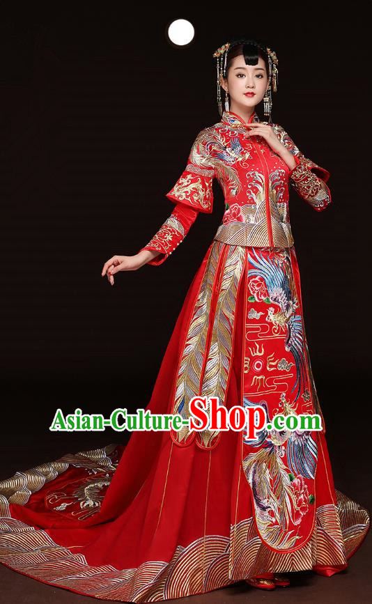 Traditional Ancient Chinese Wedding Costume Handmade Embroidery Trailing Dress Xiuhe Suits, Chinese Style Wedding Dress Red Flown Bride Toast Cheongsam for Women