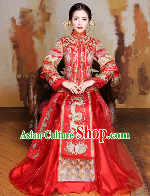 Traditional Ancient Chinese Wedding Costume Handmade Delicacy Embroidery Longfeng Flown XiuHe Suits, Chinese Style Hanfu Wedding Dress Bride Toast Cheongsam for Women