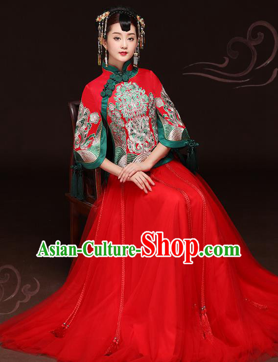 Traditional Ancient Chinese Wedding Costume Handmade Delicacy Embroidery Phoenix XiuHe Suits Red Veil Dress, Chinese Style Hanfu Wedding Bride Toast Cheongsam for Women