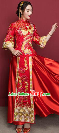 Traditional Ancient Chinese Wedding Costume Handmade Delicacy Embroidery Phoenix XiuHe Suits Middle Sleeve Plated Buttons Dress, Chinese Style Hanfu Wedding Bride Toast Cheongsam for Women