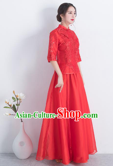 Traditional Ancient Chinese Wedding Costume Handmade Delicacy Embroidery Xiuhe Suits, Chinese Style Wedding Dress Flown Bride Toast Cheongsam for Women