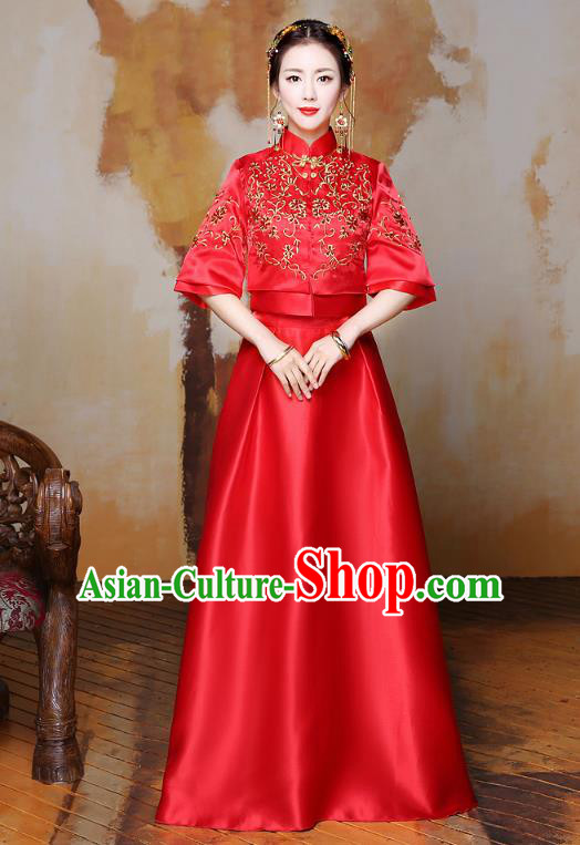 Traditional Ancient Chinese Wedding Costume Handmade Delicacy Embroidery XiuHe Suits Longfeng Flown, Chinese Style Hanfu Wedding Toast Cheongsam for Women