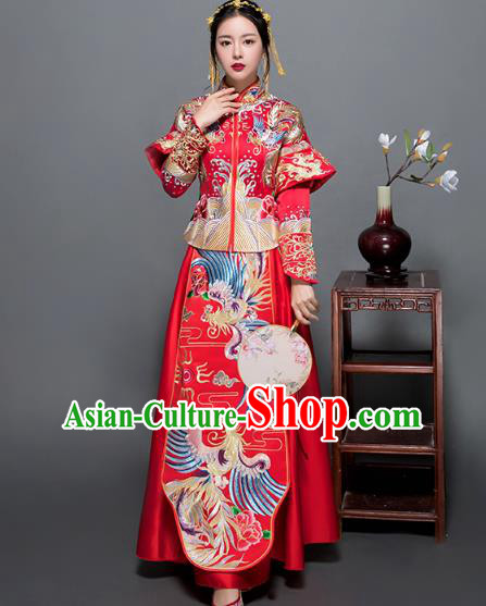 Traditional Ancient Chinese Wedding Costume Handmade Delicacy XiuHe Suits Embroidery Phoenix Palace Bottom Drawer Cheongsam Dress, Chinese Style Hanfu Wedding Bride Hanfu Clothing for Women