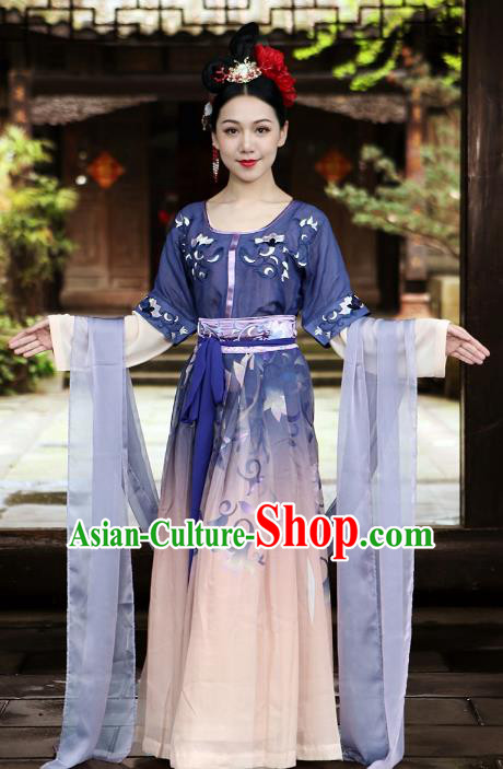 Traditional Ancient Chinese Tang Dynasty Imperial Princess Dance Costume Embroidery Half-arm Shawl Slip Dress, Elegant Hanfu Clothing Chinese Palace Lady Dress for Women