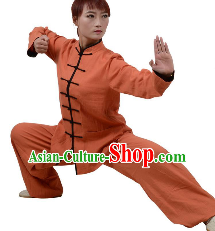 Top Kung Fu Linen Costume Martial Arts Costume Kung Fu Training Clothing, Tai Ji Plated Buttons Orange Uniform Gongfu Wushu Clothing for Women for Men