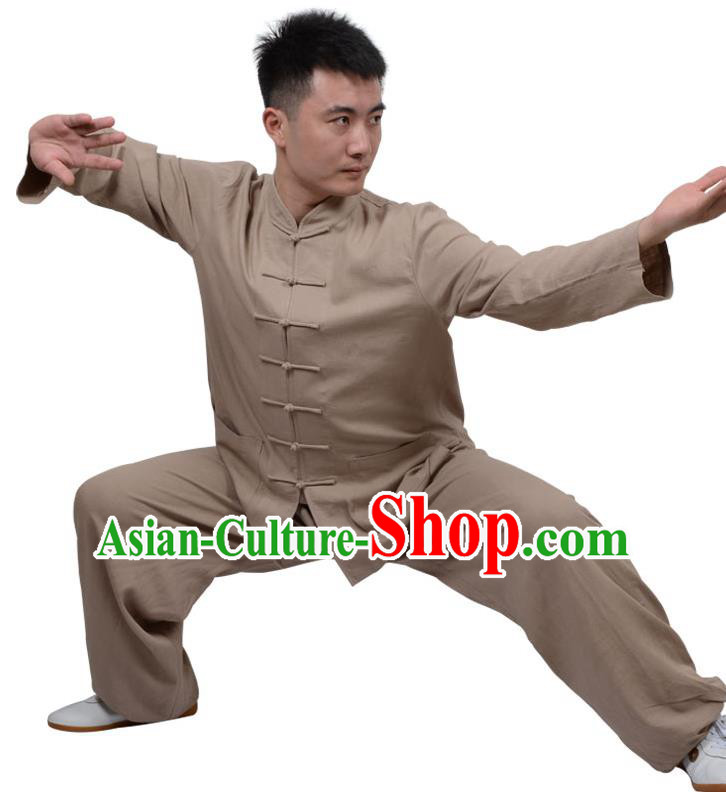 Top Kung Fu Linen Costume Martial Arts Costume Kung Fu Training Clothing, Tai Ji Plated Buttons Brown Uniform Gongfu Wushu Clothing for Women for Men