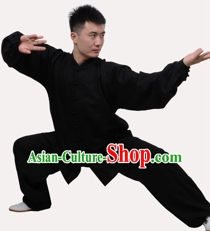 Top Grade Linen Martial Arts Costume Kung Fu Training Clothing, Tai Ji Embroidery Black Uniform Gongfu Wushu Costume  for Women for Men