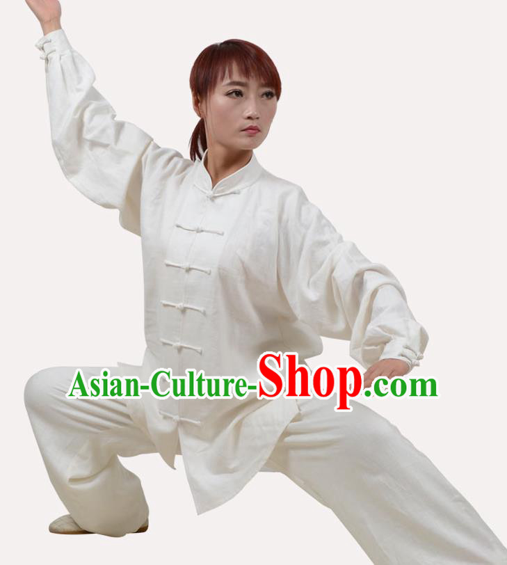 Top Grade Linen Martial Arts Costume Kung Fu Training Clothing, Tai Ji Embroidery White Uniform Gongfu Wushu Costume  for Women for Men