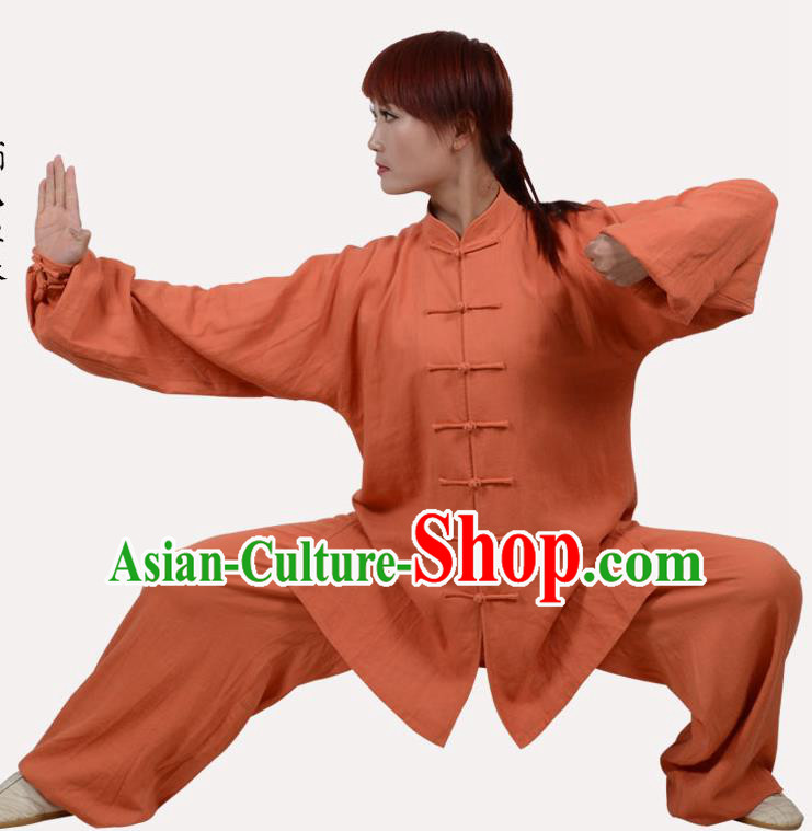 Top Grade Linen Martial Arts Costume Kung Fu Training Clothing, Tai Ji Embroidery Orange Uniform Gongfu Wushu Costume  for Women for Men