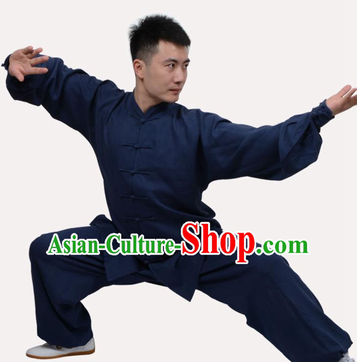 Top Grade Linen Martial Arts Costume Kung Fu Training Clothing, Tai Ji Navy Uniform Gongfu Wushu Costume for Women for Men