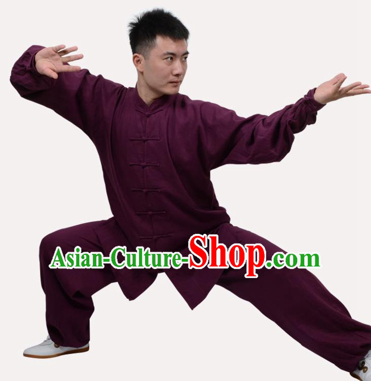 Top Grade Linen Martial Arts Costume Kung Fu Training Clothing, Tai Ji Purple Uniform Gongfu Wushu Costume for Women for Men