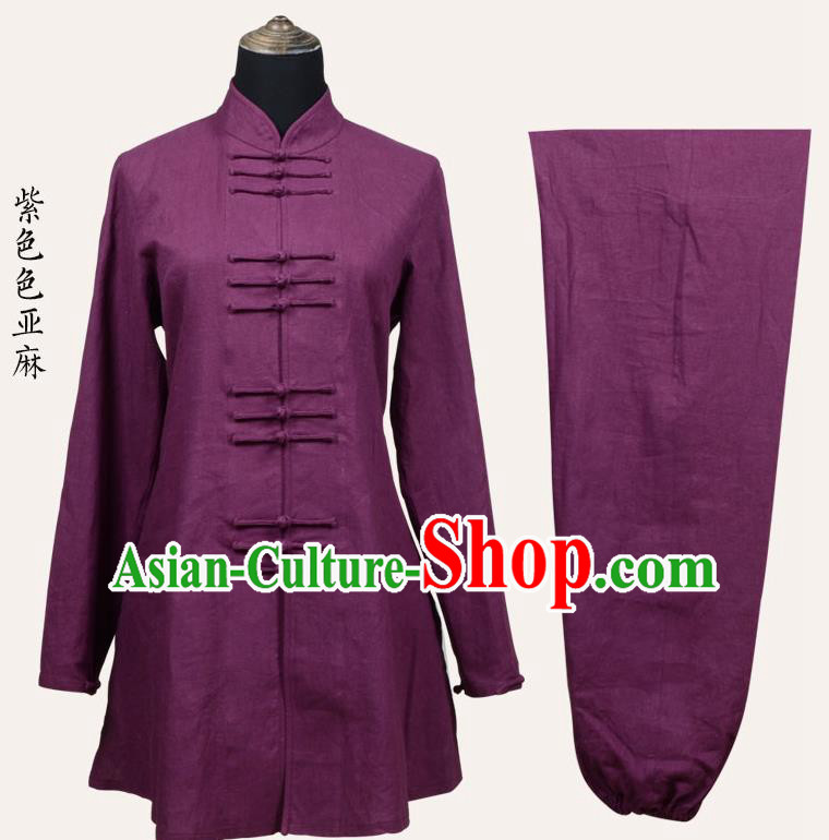 Top Grade Linen Martial Arts Costume Kung Fu Training Front Opening Plated Buttons Clothing, Tai Ji Purple Uniform Gongfu Wushu Costume for Women for Men