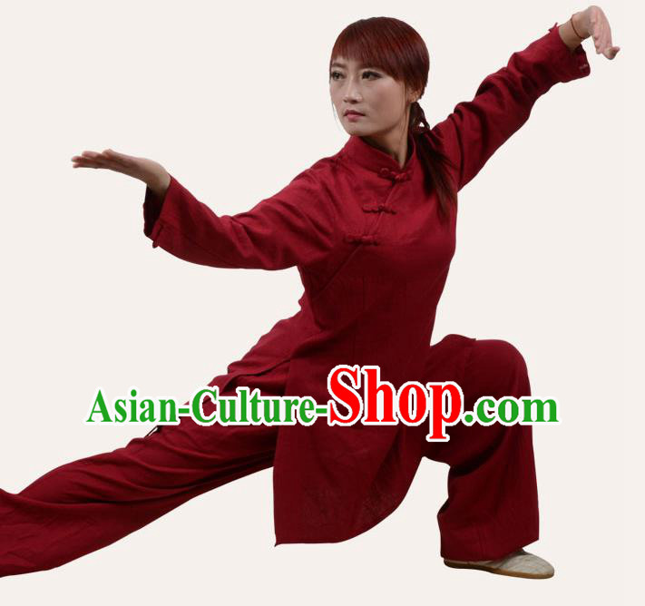 Top Grade Linen Martial Arts Costume Kung Fu Training Slant Opening Plated Buttons Clothing, Tai Ji Red Uniform Gongfu Wushu Costume for Women for Men